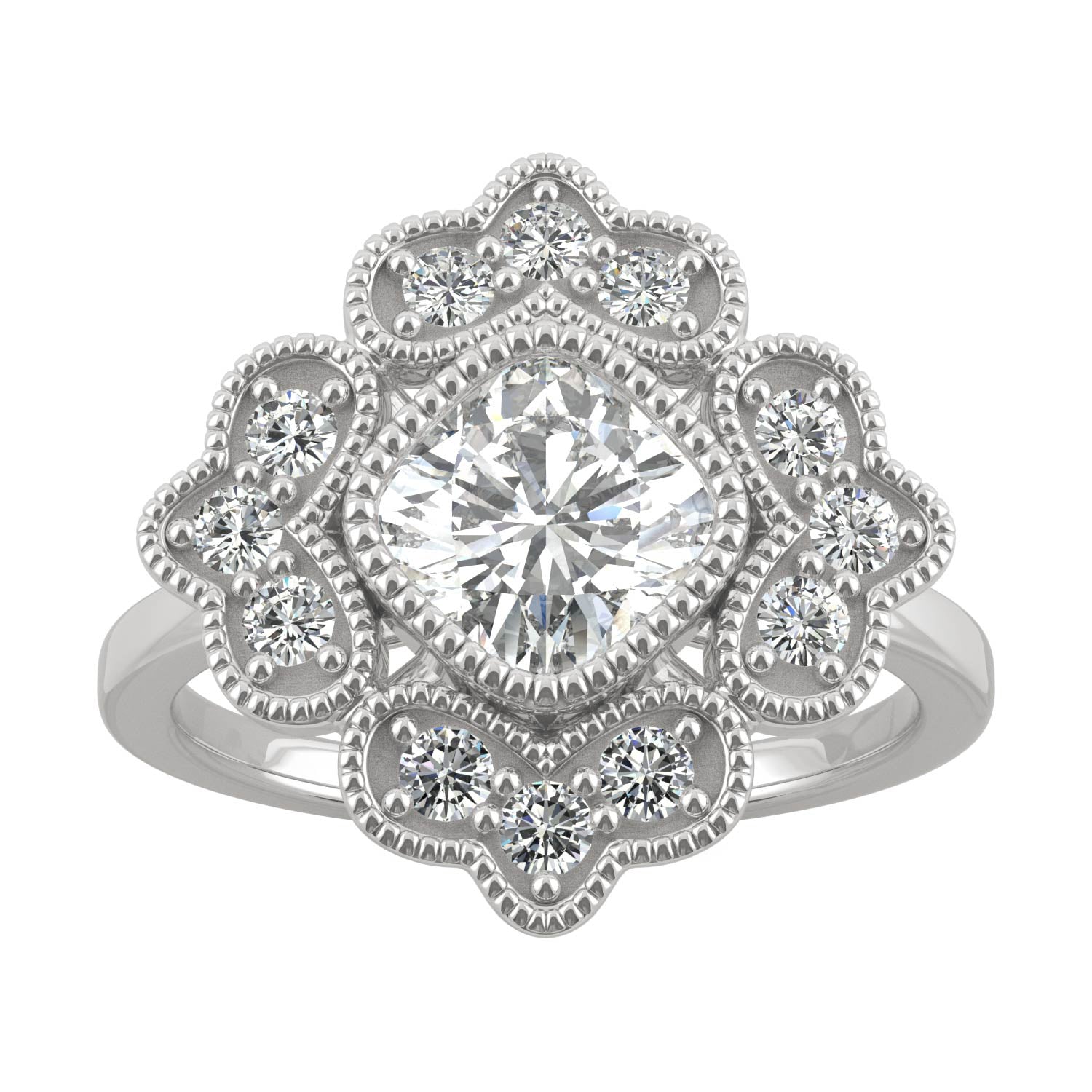 1.40 CTW DEW Cushion Moissanite Floral Milgrain Halo Ring in 14K White Gold