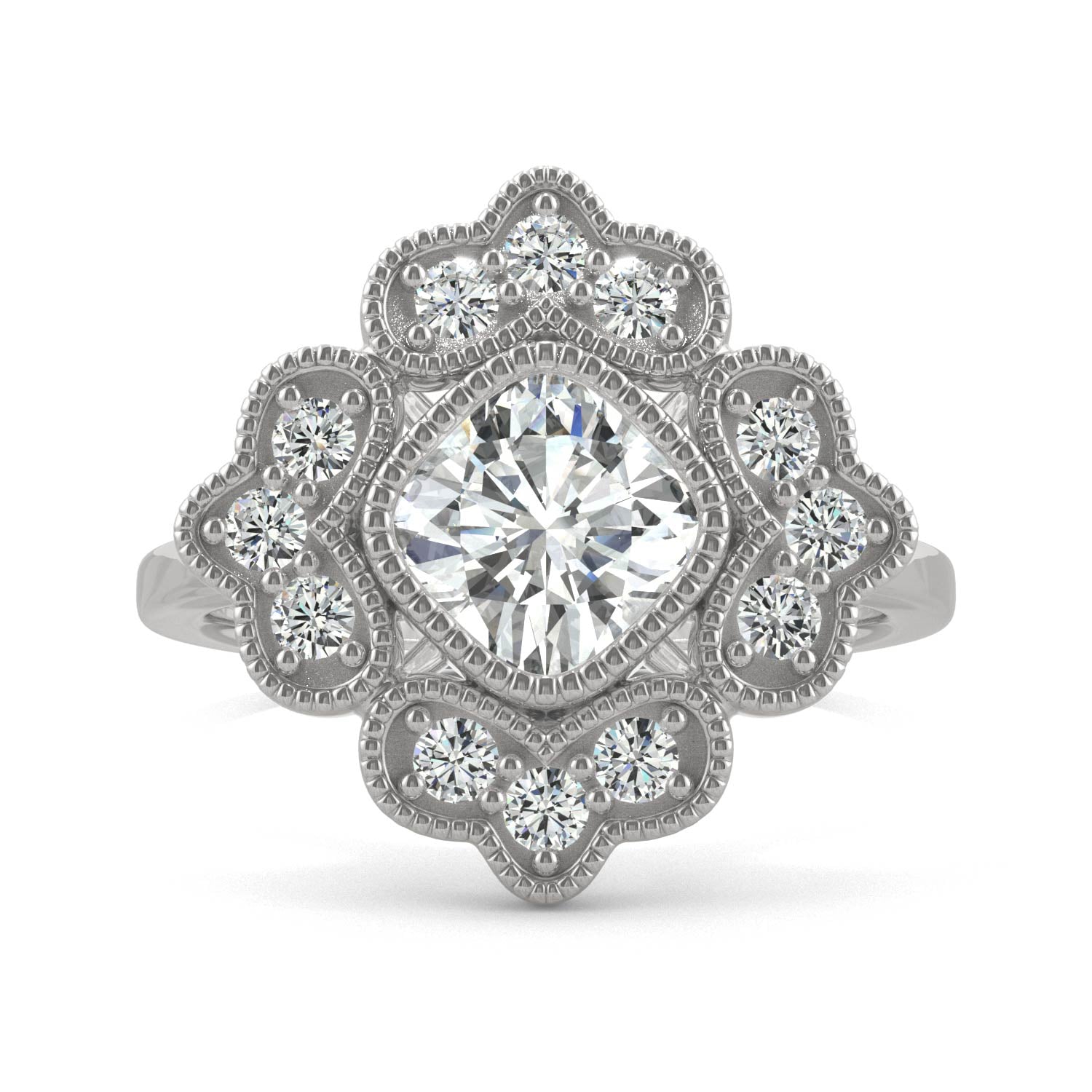1.40 CTW DEW Cushion Moissanite Floral Milgrain Halo Ring in 14K White Gold