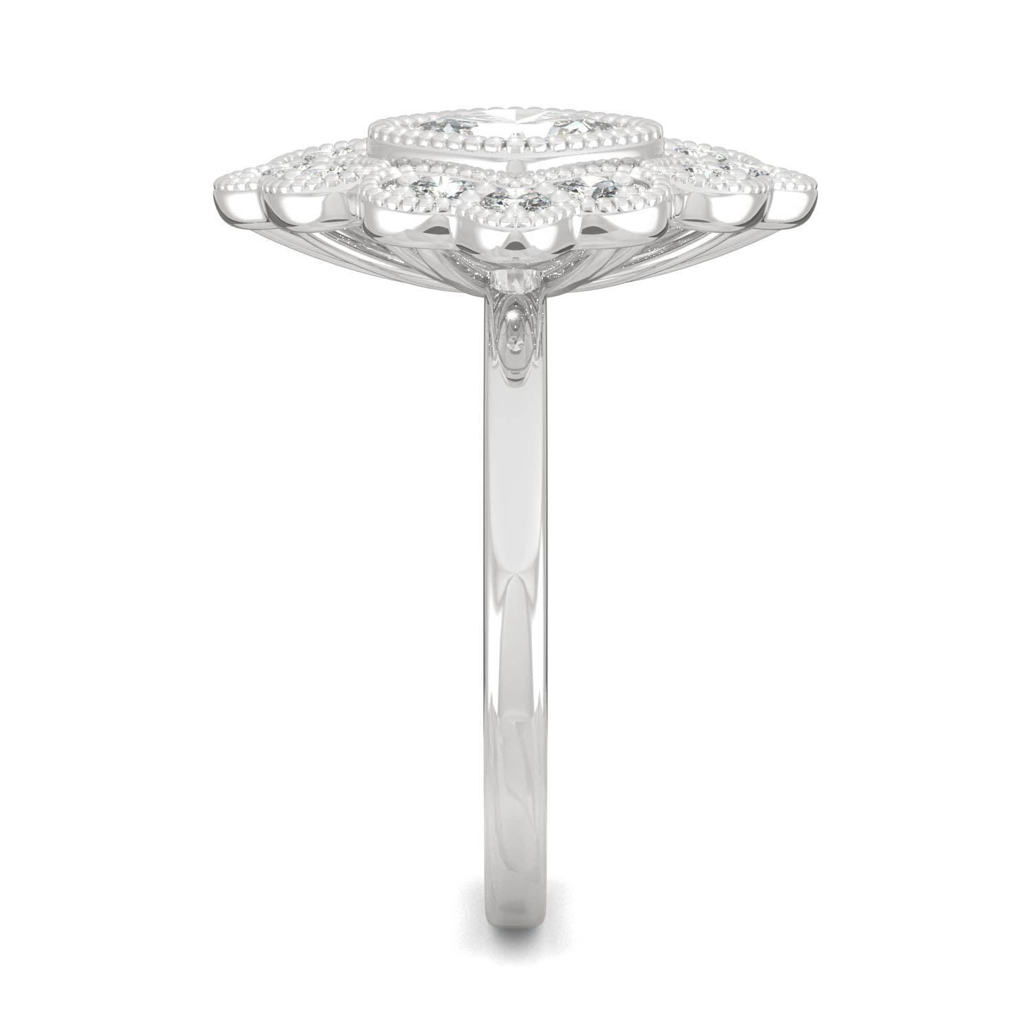 1.40 CTW DEW Cushion Moissanite Floral Milgrain Halo Ring in 14K White Gold