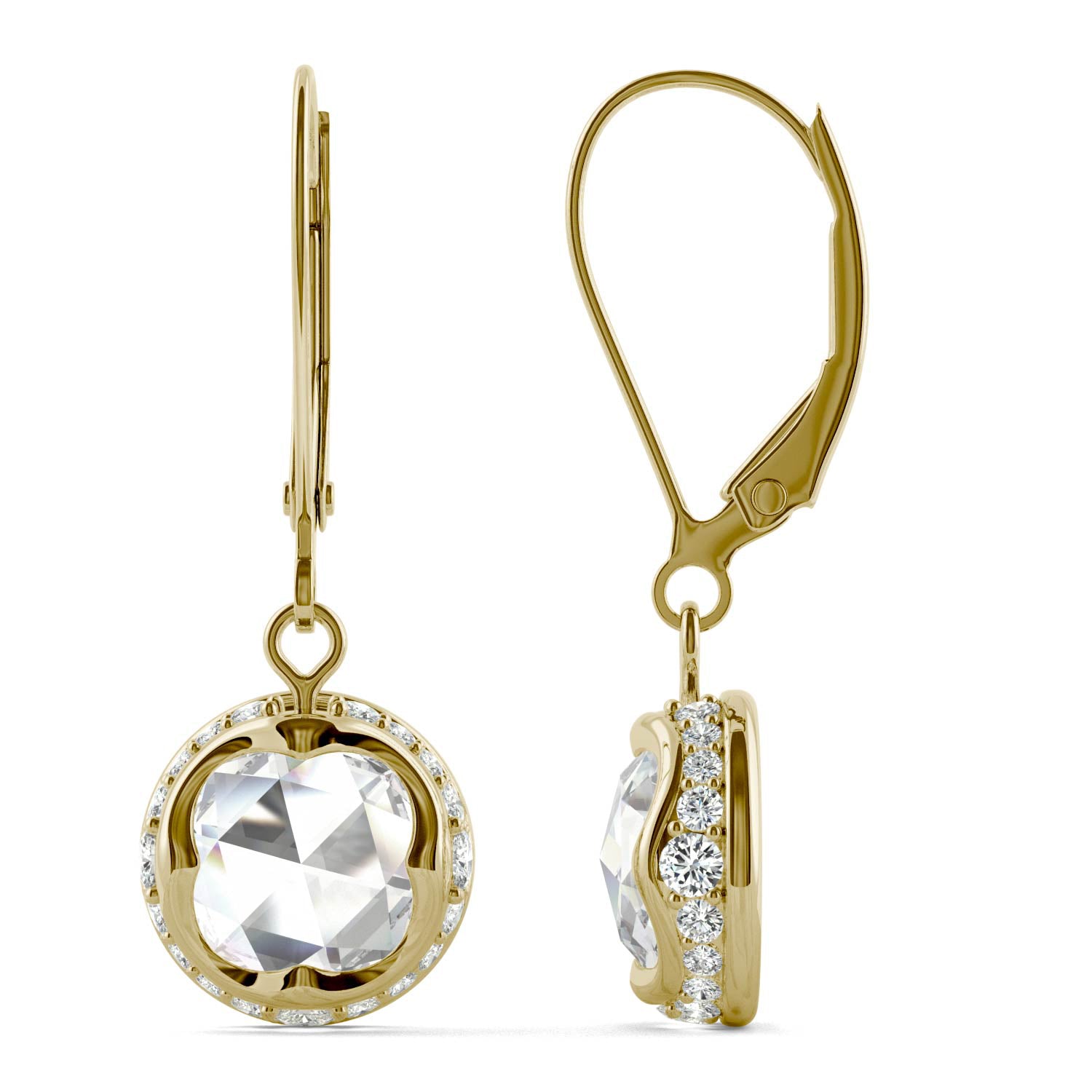 1.25 CTW DEW Round Rose Cut Moissanite Drop Earrings in 14K Yellow Gold