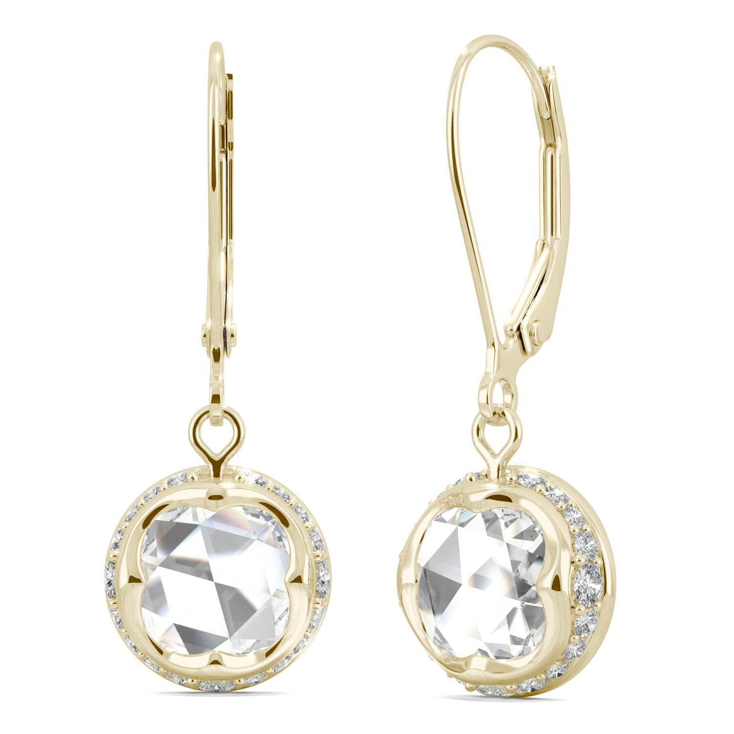1.25 CTW DEW Round Rose Cut Moissanite Drop Earrings in 14K Yellow Gold