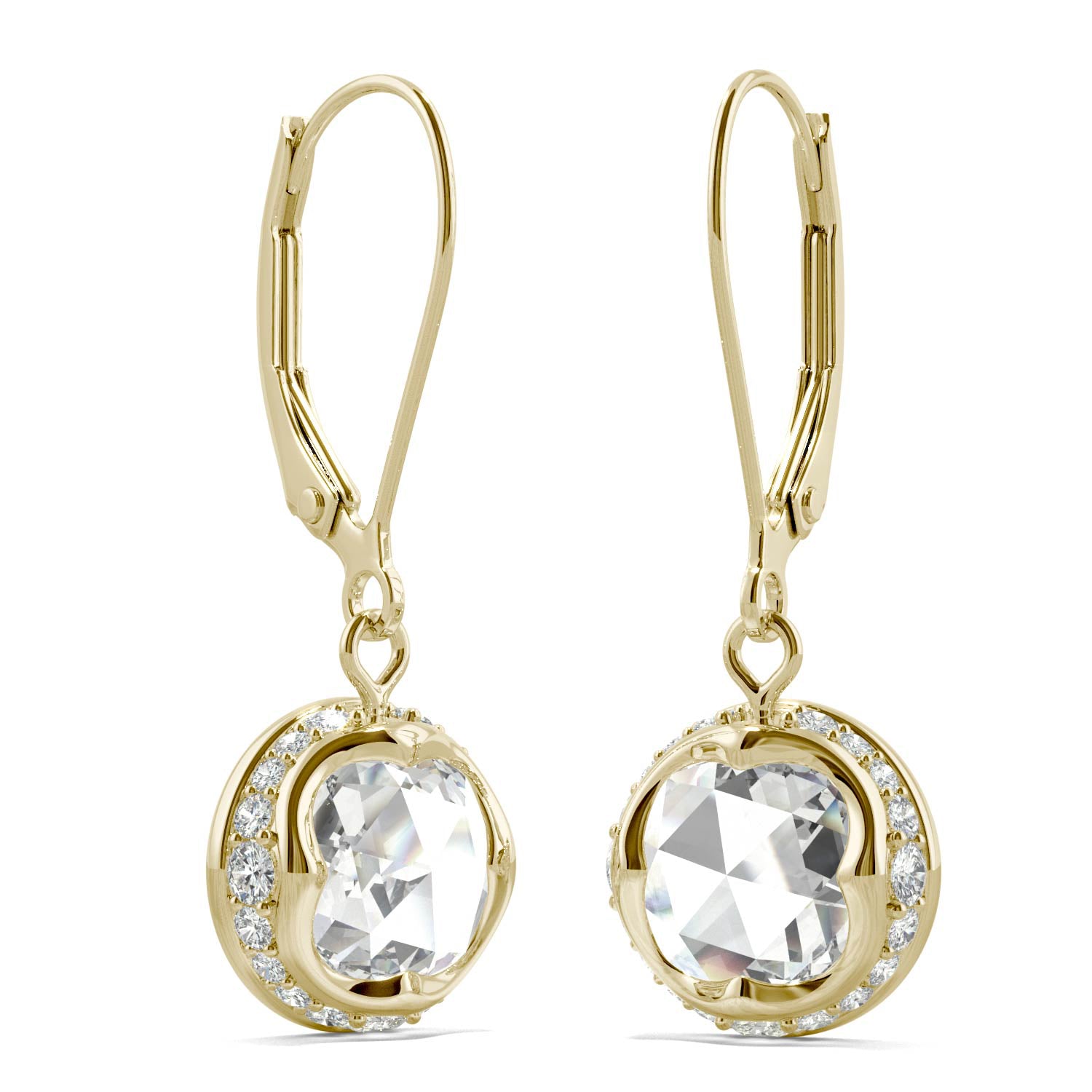 1.25 CTW DEW Round Rose Cut Moissanite Drop Earrings in 14K Yellow Gold