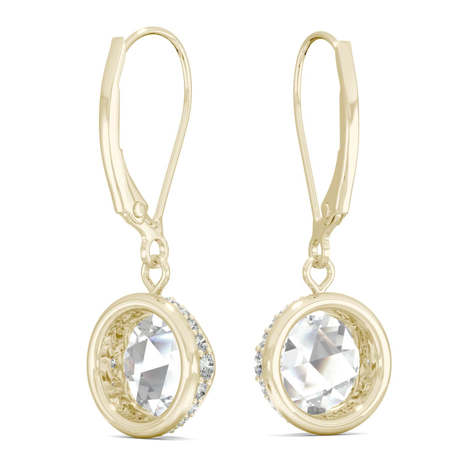 1.25 CTW DEW Round Rose Cut Moissanite Drop Earrings in 14K Yellow Gold