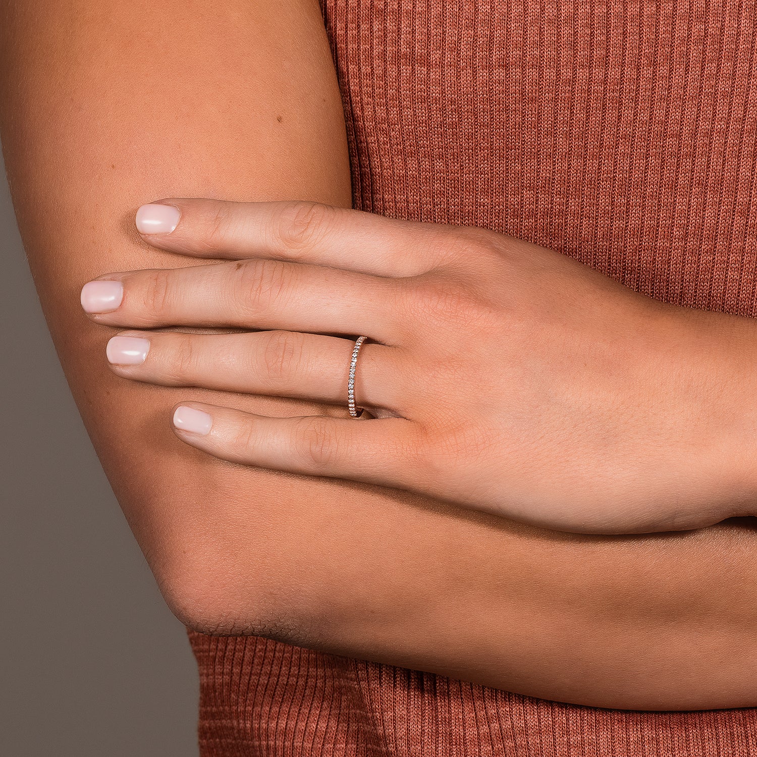 0.22 CTW DEW Round Moissanite Classic Wedding Band in 14K Rose Gold