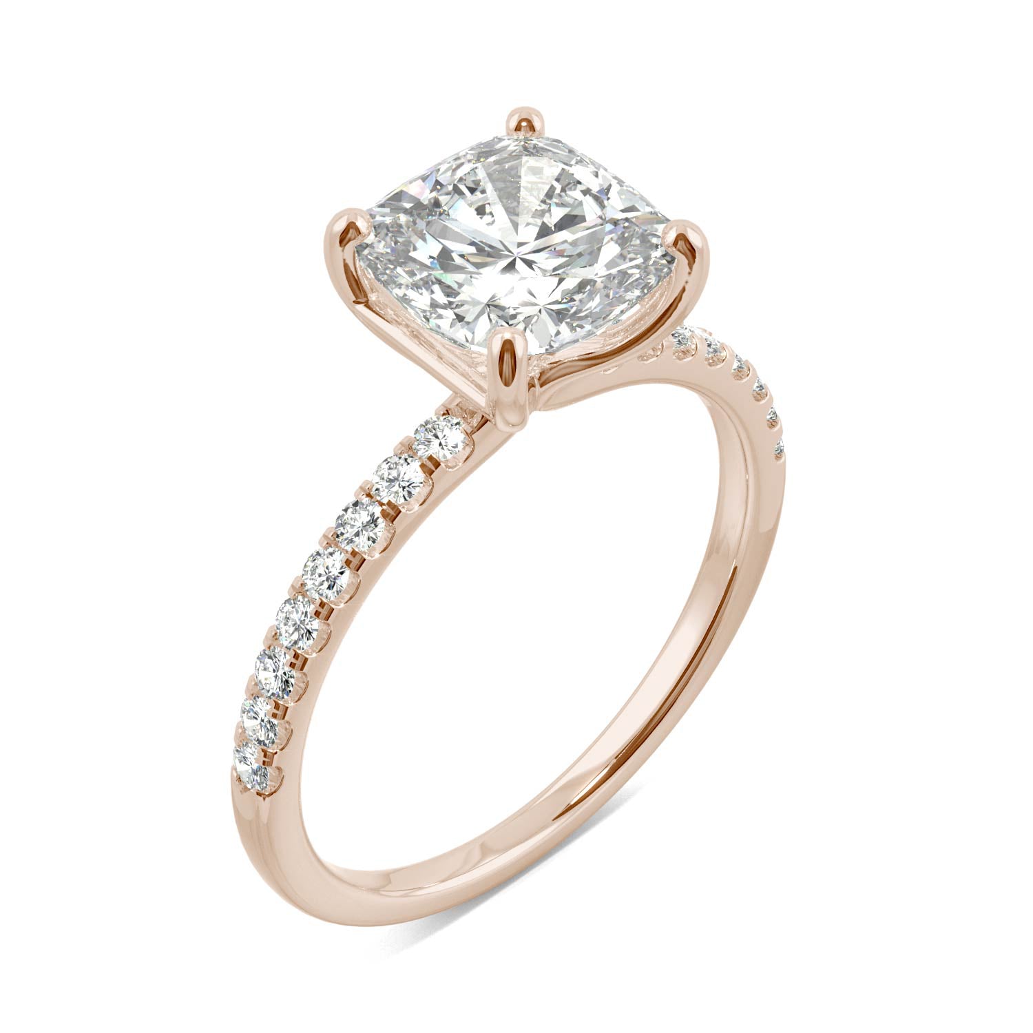 2.52 CTW DEW Cushion Moissanite Side-Stone Engagement Ring in 14K Rose Gold