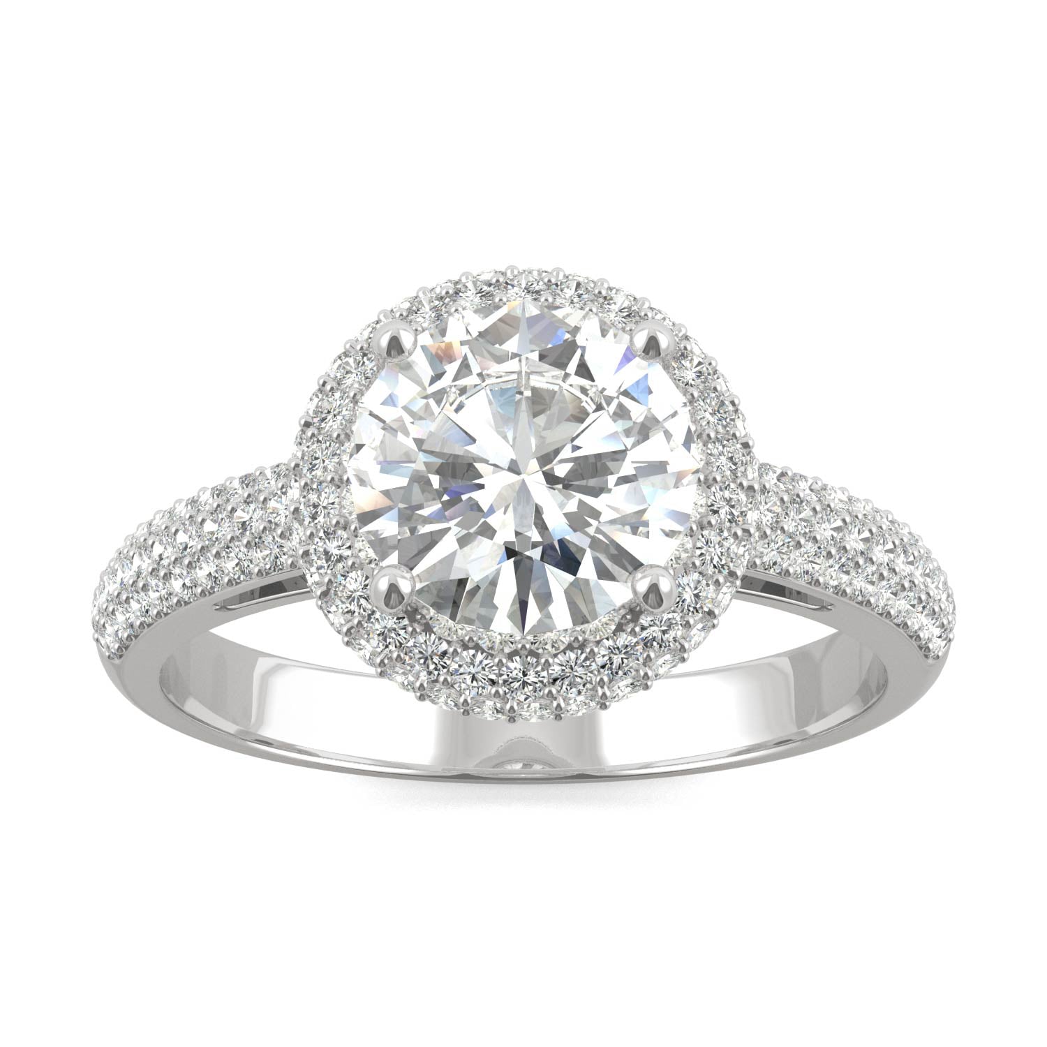 1.78 CTW DEW Round Moissanite Three Row Pavé Halo Engagement Ring in 14K White Gold