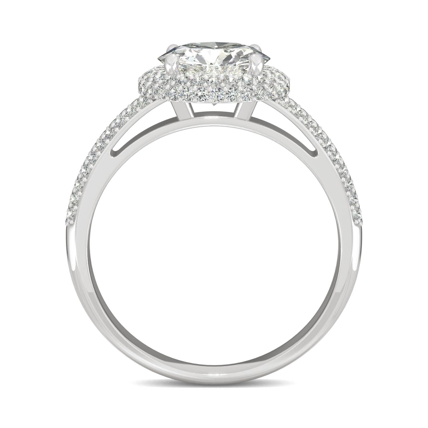 1.78 CTW DEW Round Moissanite Three Row Pavé Halo Engagement Ring in 14K White Gold