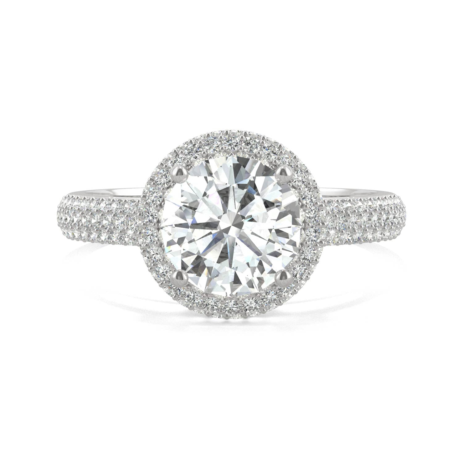 1.78 CTW DEW Round Moissanite Three Row Pavé Halo Engagement Ring in 14K White Gold