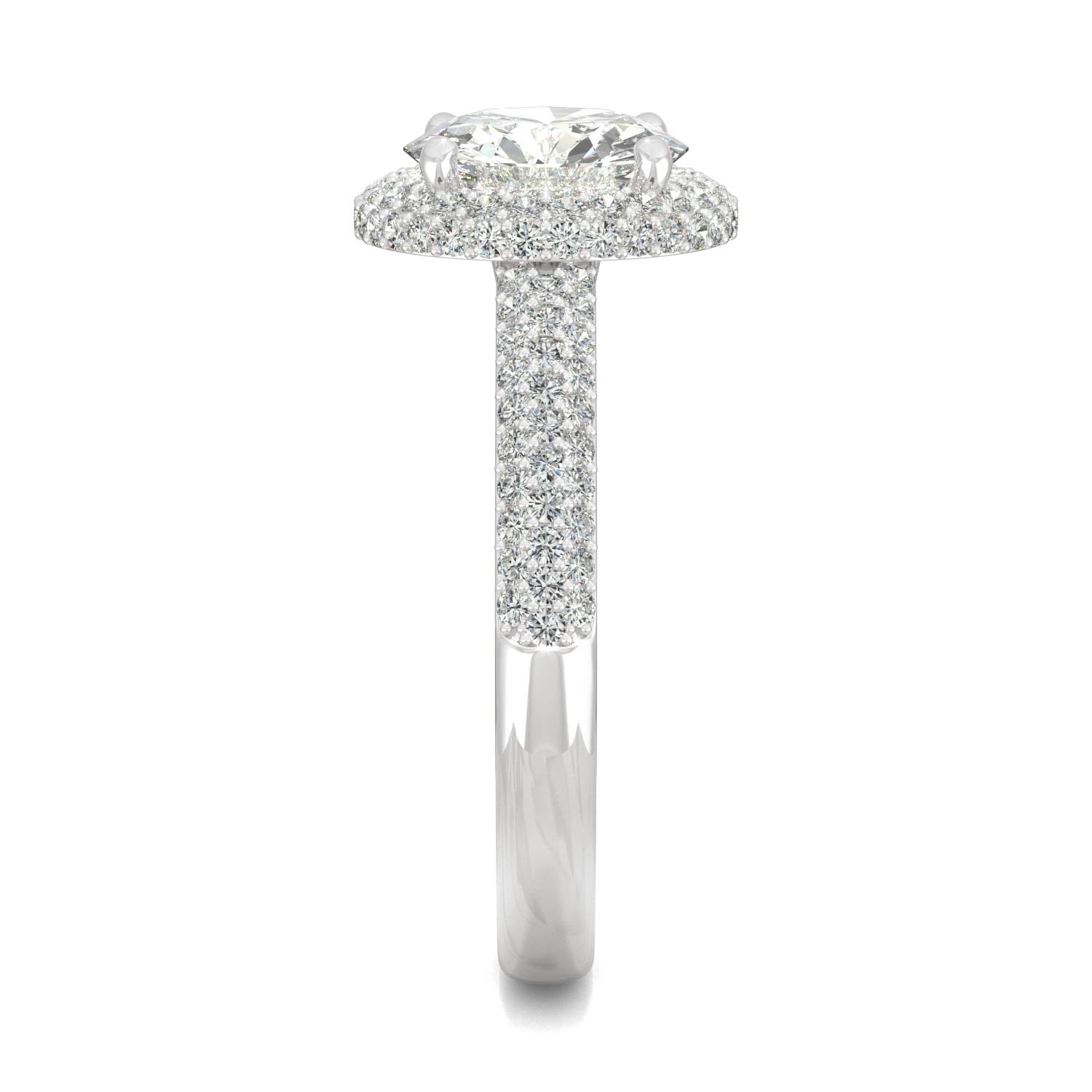 1.78 CTW DEW Round Moissanite Three Row Pavé Halo Engagement Ring in 14K White Gold