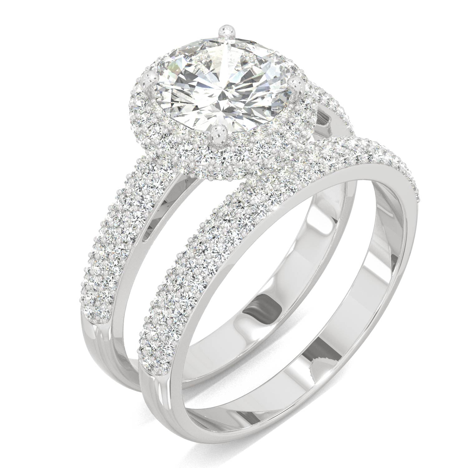 2.11 CTW DEW 14K White Gold Round Moissanite Pave Halo Bridal Set