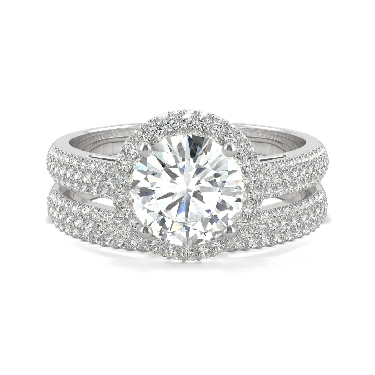2.11 CTW DEW 14K White Gold Round Moissanite Pave Halo Bridal Set