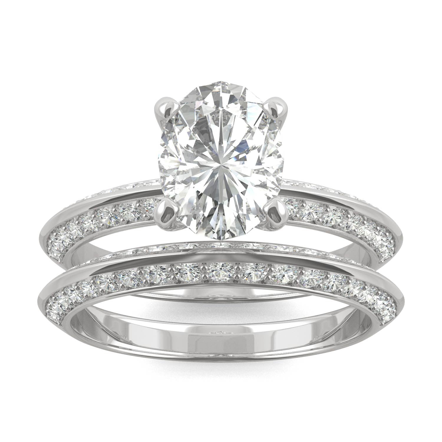 2.91 CTW DEW Oval Moissanite Knife Edge Wedding Set in 14K White Gold