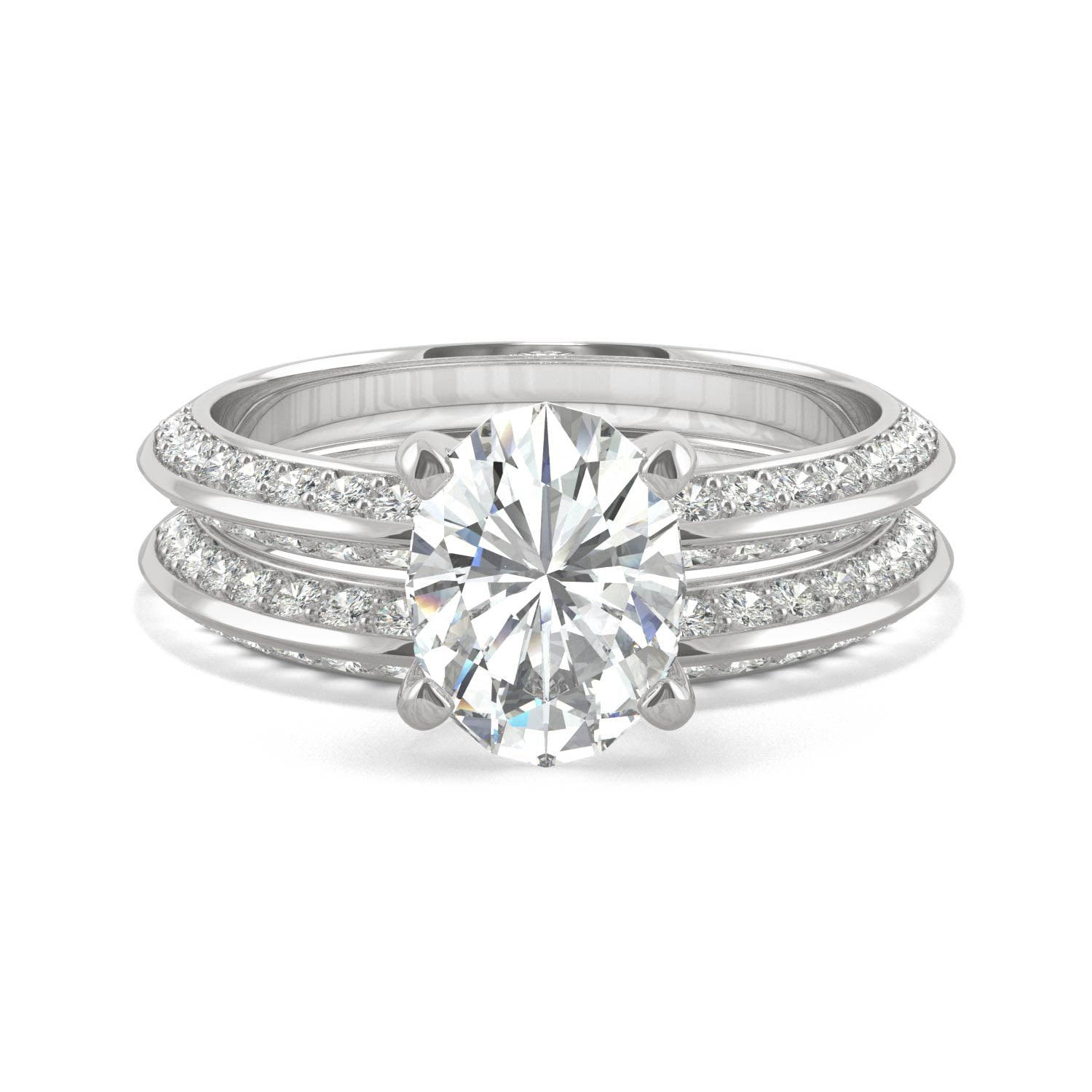 2.91 CTW DEW Oval Moissanite Knife Edge Wedding Set in 14K White Gold