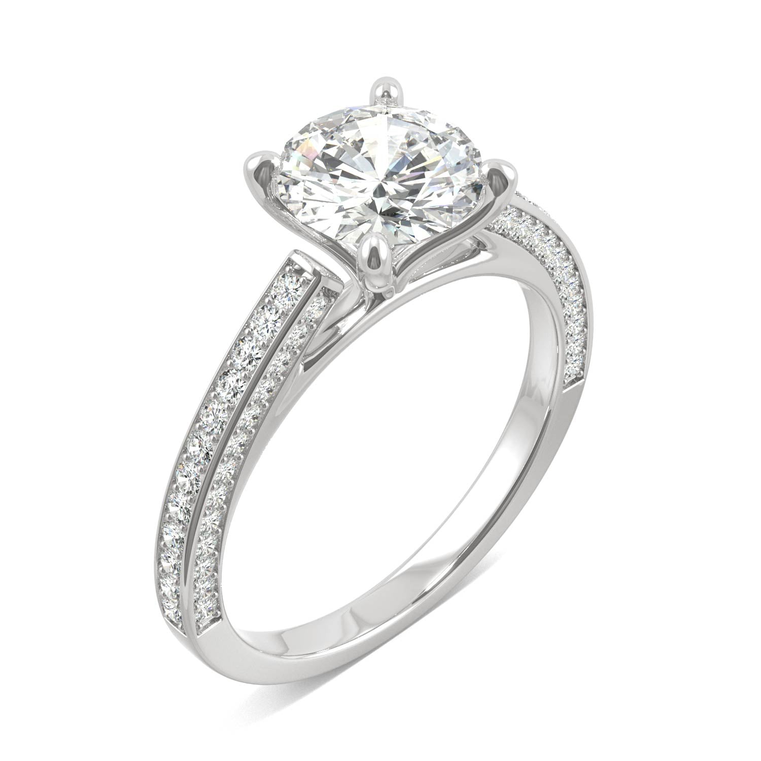 2.10 CTW DEW Round Moissanite Three-Sided Cathedral Engagement Ring in 14K White Gold