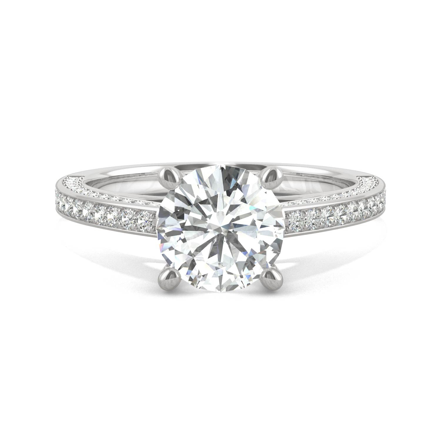 2.10 CTW DEW Round Moissanite Three-Sided Cathedral Engagement Ring in 14K White Gold