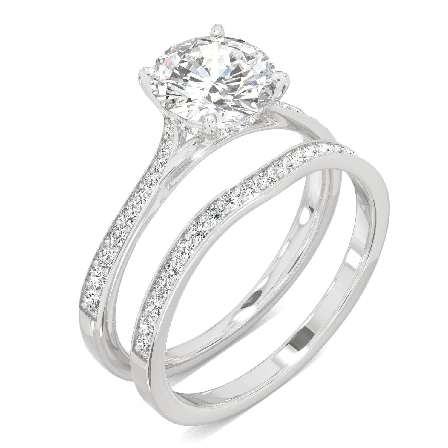 1.81 CTW DEW Round Moissanite Hidden Halo Accented Bridal Set in 14K White Gold