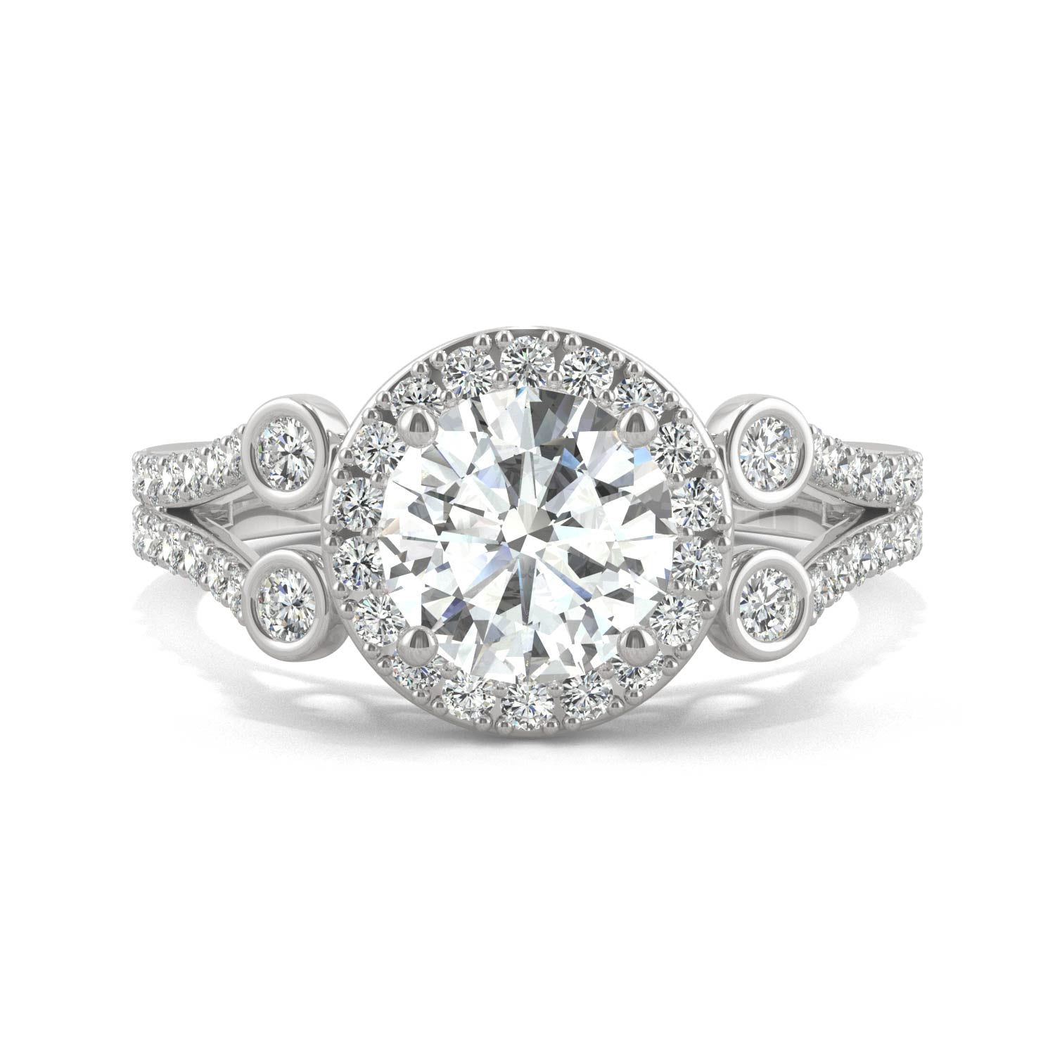1.78 CTW DEW Round Moissanite Accented Halo Engagement Ring in 14K White Gold