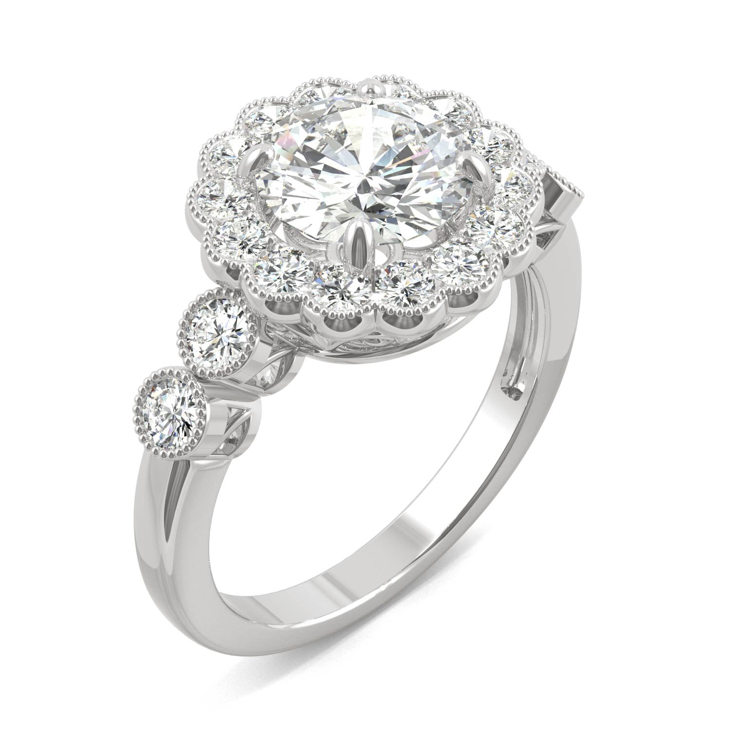 2.56 CTW DEW Round Moissanite Milgrain Accented Halo Engagement Ring in 14K White Gold