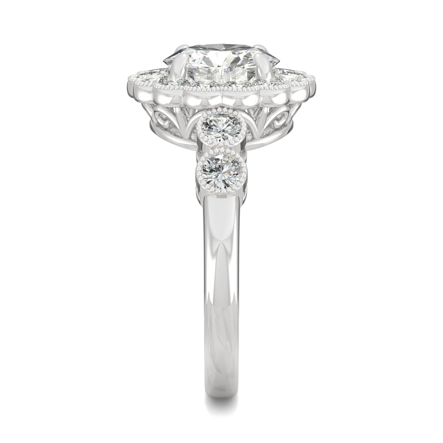 2.56 CTW DEW Round Moissanite Milgrain Accented Halo Engagement Ring in 14K White Gold