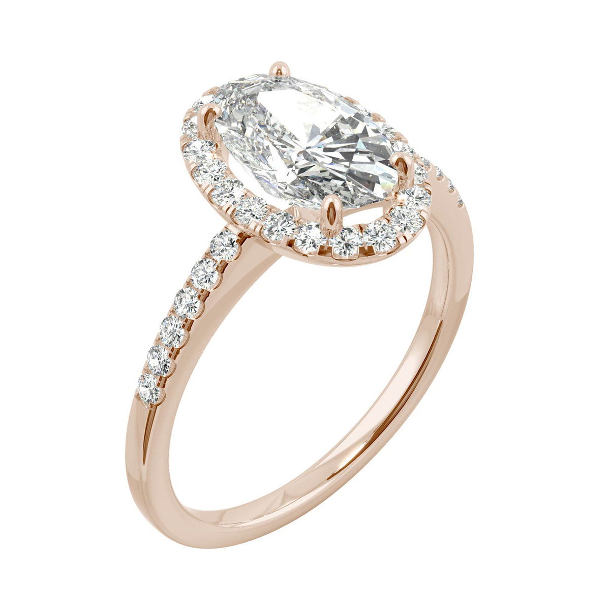 2.62 CTW DEW Elongated Oval Moissanite Halo Ring in 14K Rose Gold