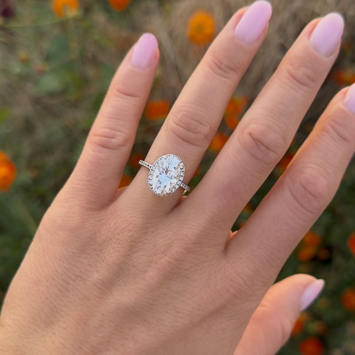 4.75 CTW DEW Elongated Oval Moissanite Halo Ring in 14K White Gold