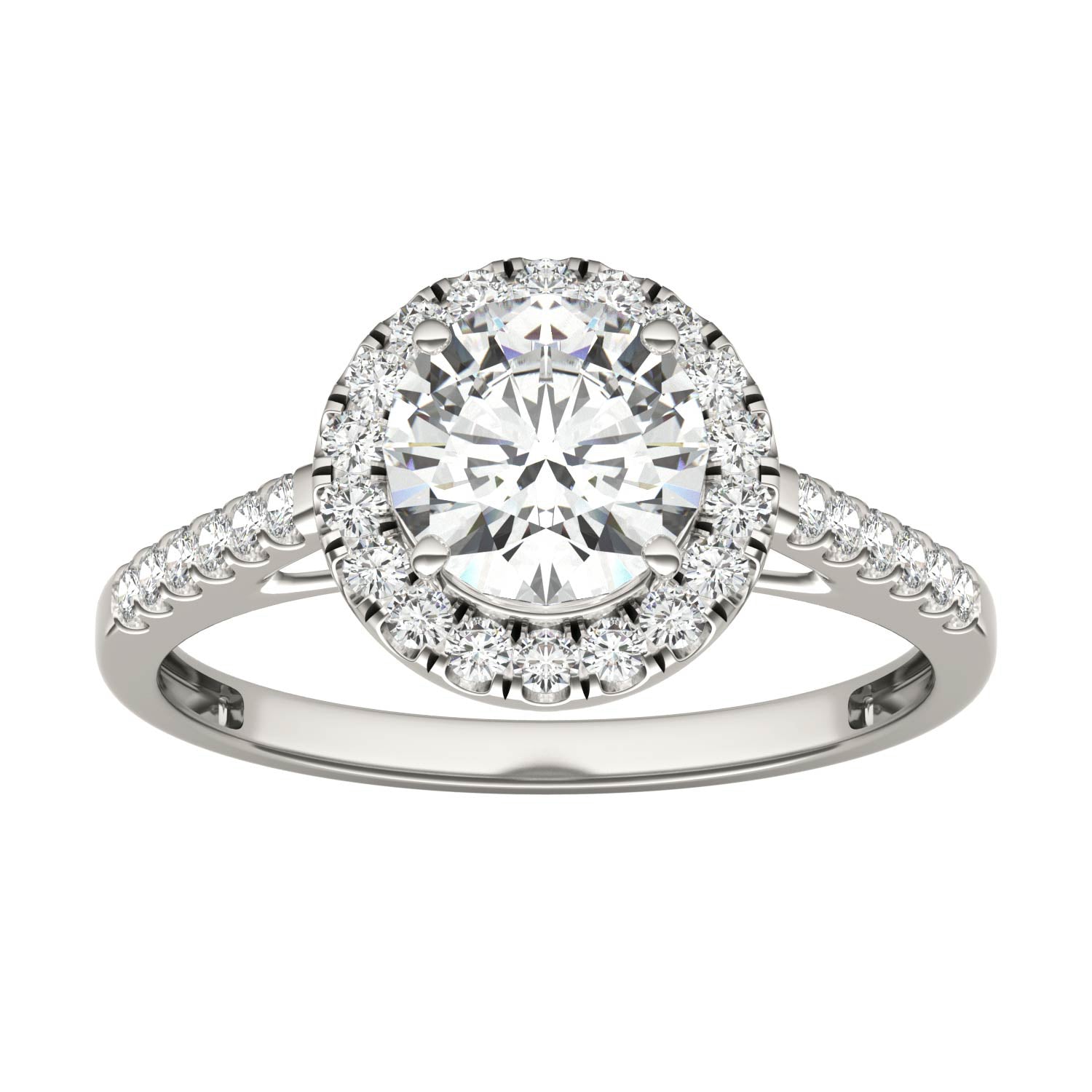 1.45 CTW DEW Round Moissanite Accented Halo Engagement Ring in 14K White Gold