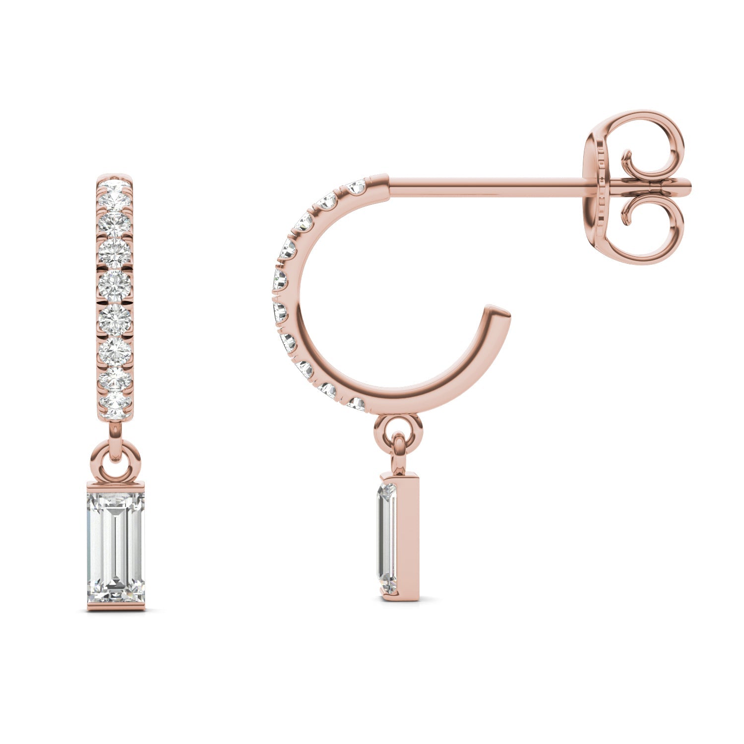 0.37 CTW DEW Straight Baguette Moissanite Huggie Drop Earrings in 14K Rose Gold