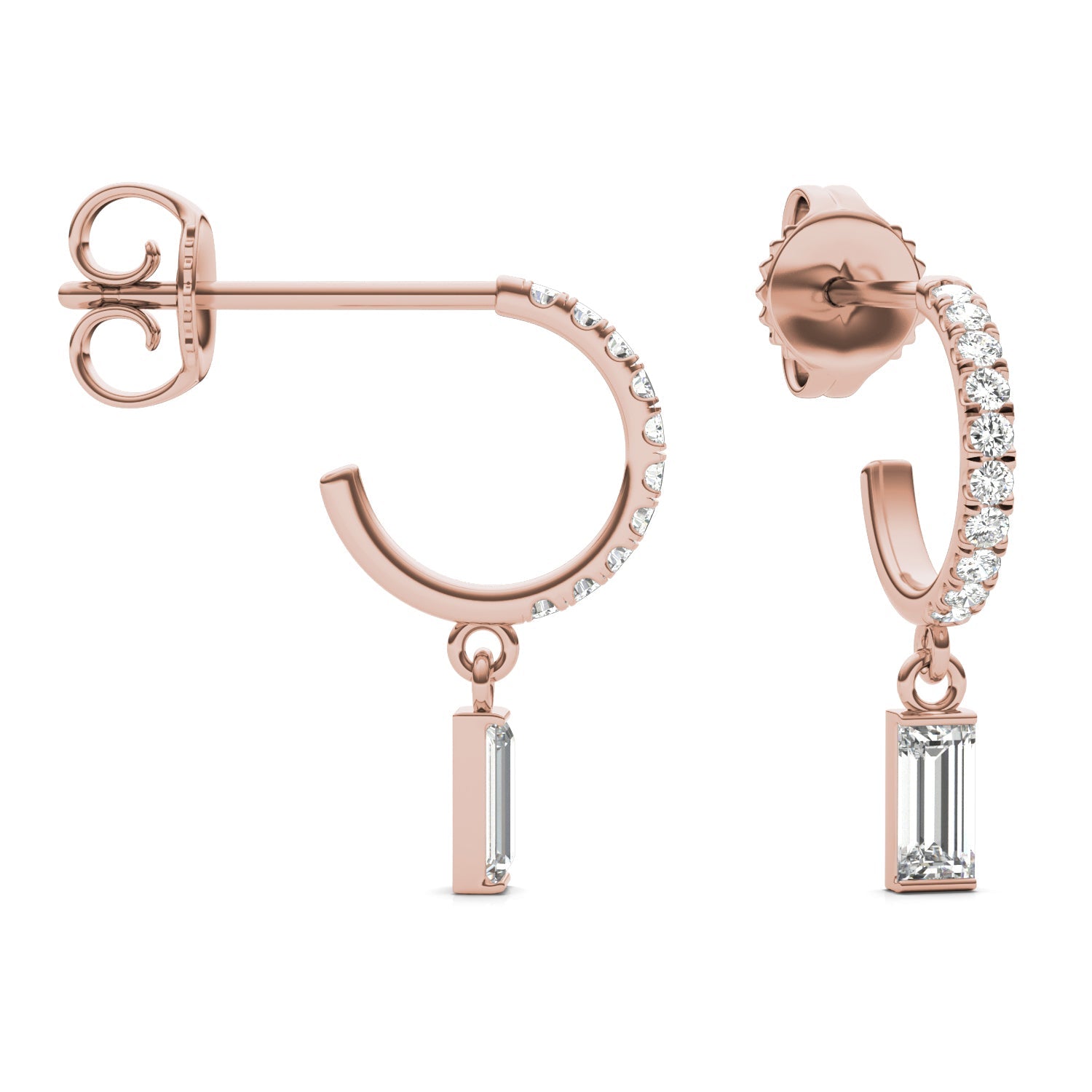 0.37 CTW DEW Straight Baguette Moissanite Huggie Drop Earrings in 14K Rose Gold
