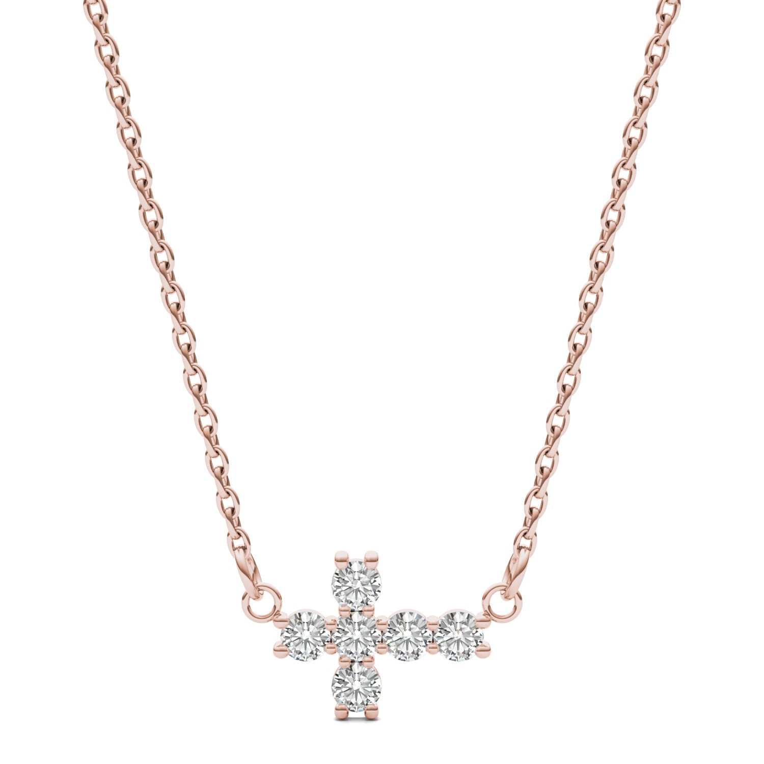 0.18 CTW DEW Round Moissanite Fixed Cross Necklace in 14K Rose Gold