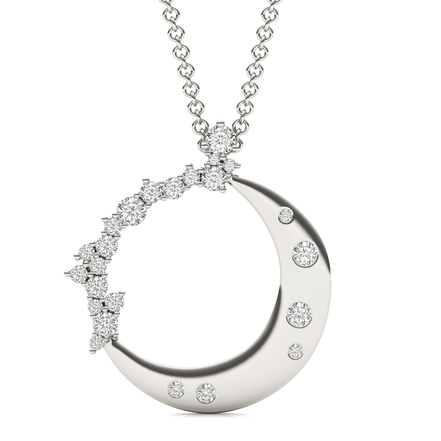 0.29 CTW DEW Round Moissanite Moon Cluster Pendant in 14K White Gold