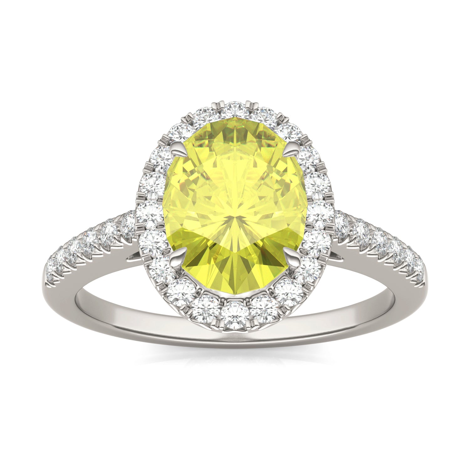2.38 CTW DEW Oval Yellow Moissanite Halo Engagement Ring in 14K White Gold