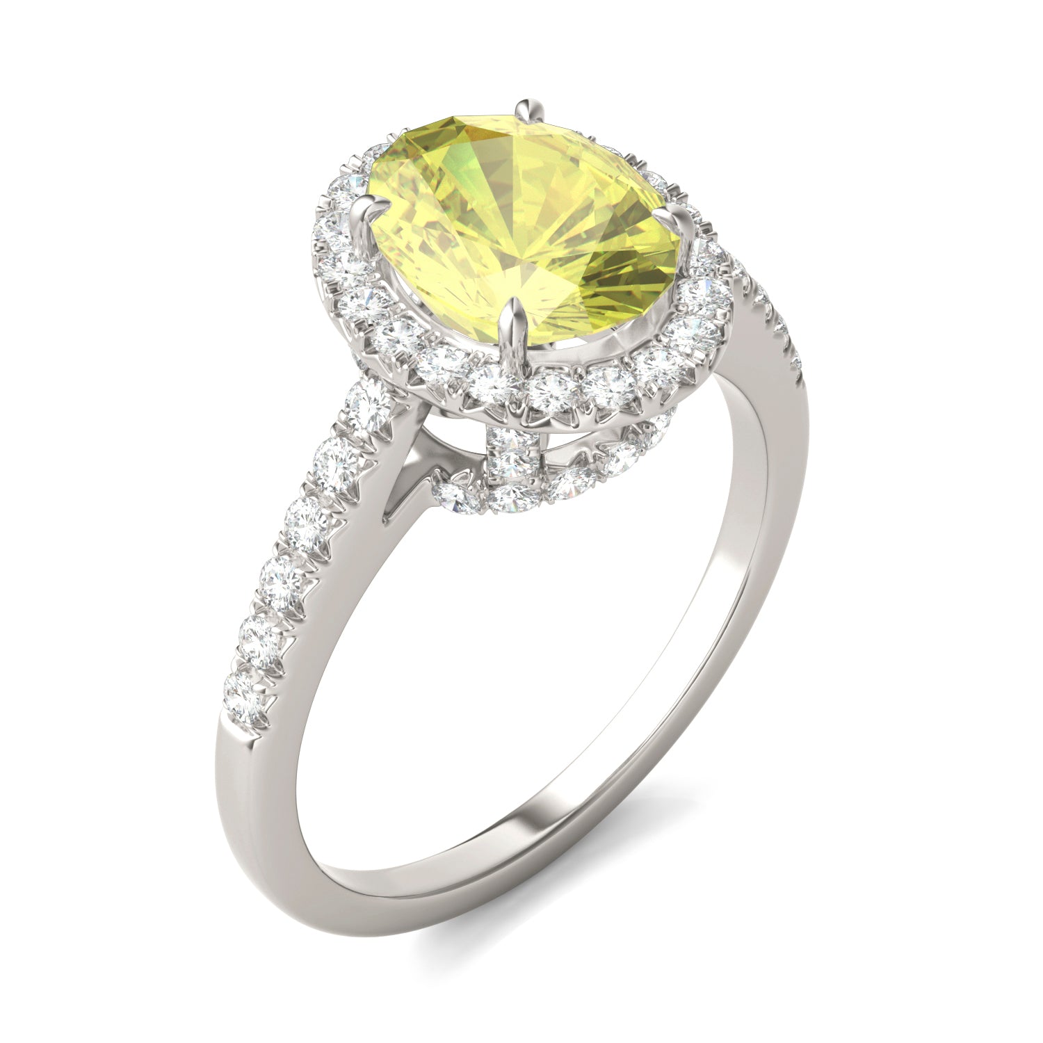 2.38 CTW DEW Oval Yellow Moissanite Halo Engagement Ring in 14K White Gold