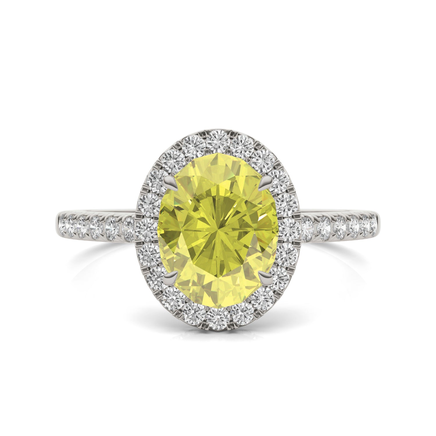 2.38 CTW DEW Oval Yellow Moissanite Halo Engagement Ring in 14K White Gold