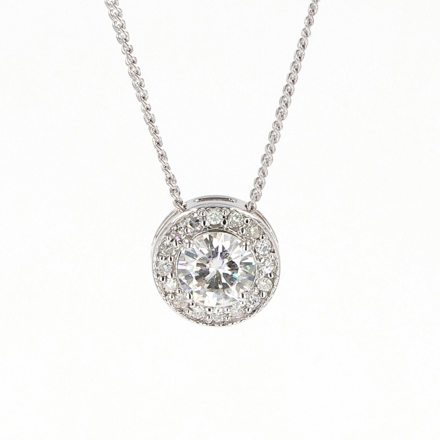 0.96 CTW DEW Round  Moissanite Halo Pendant in Sterling Silver