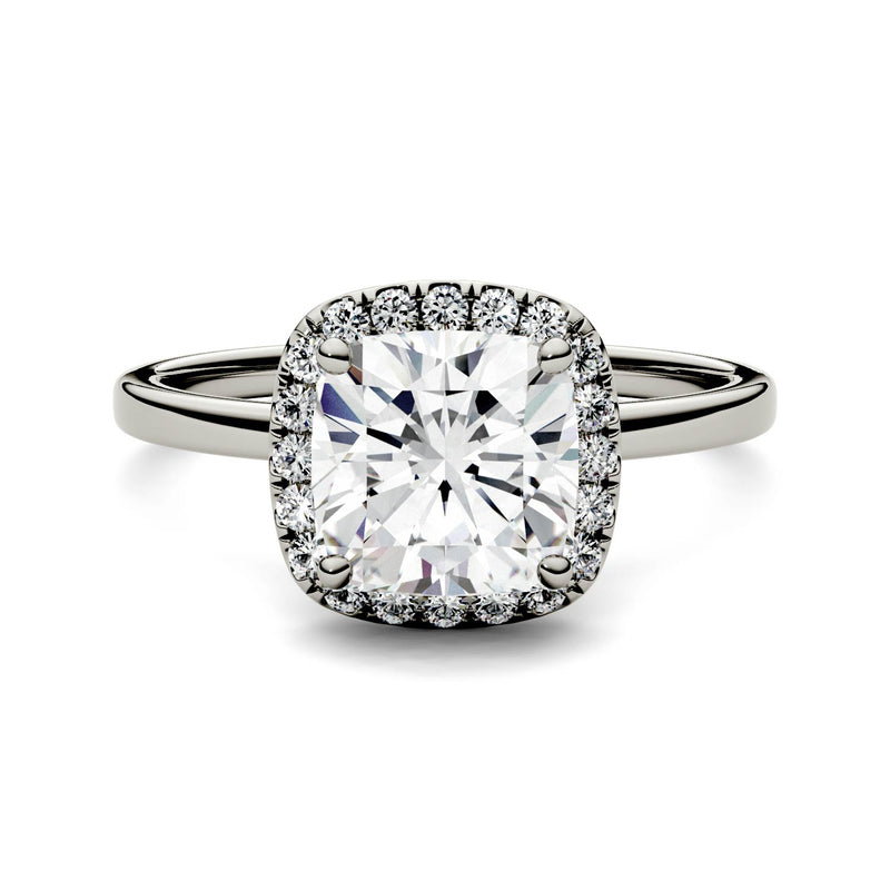 1.43 CTW DEW Cushion Moissanite Engagement Ring in 14K White Gold
