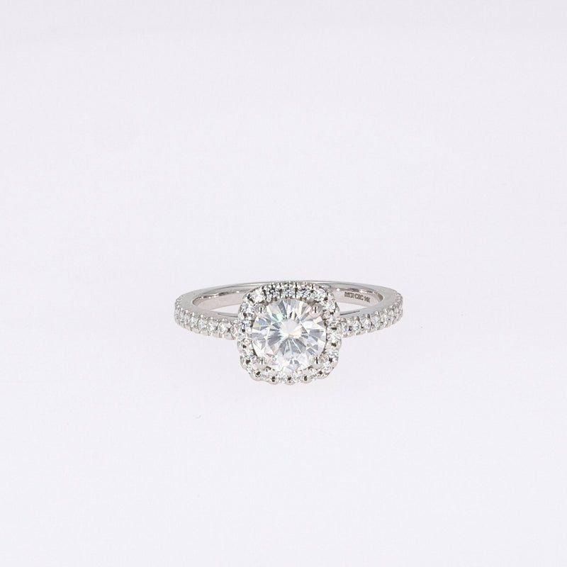 1.41 CTW DEW Round Near-Colorless Moissanite Halo Ring in 14K White Gold