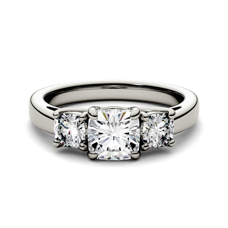 1.76 CTW DEW Cushion Moissanite Three Stone Ring in 14K White Gold