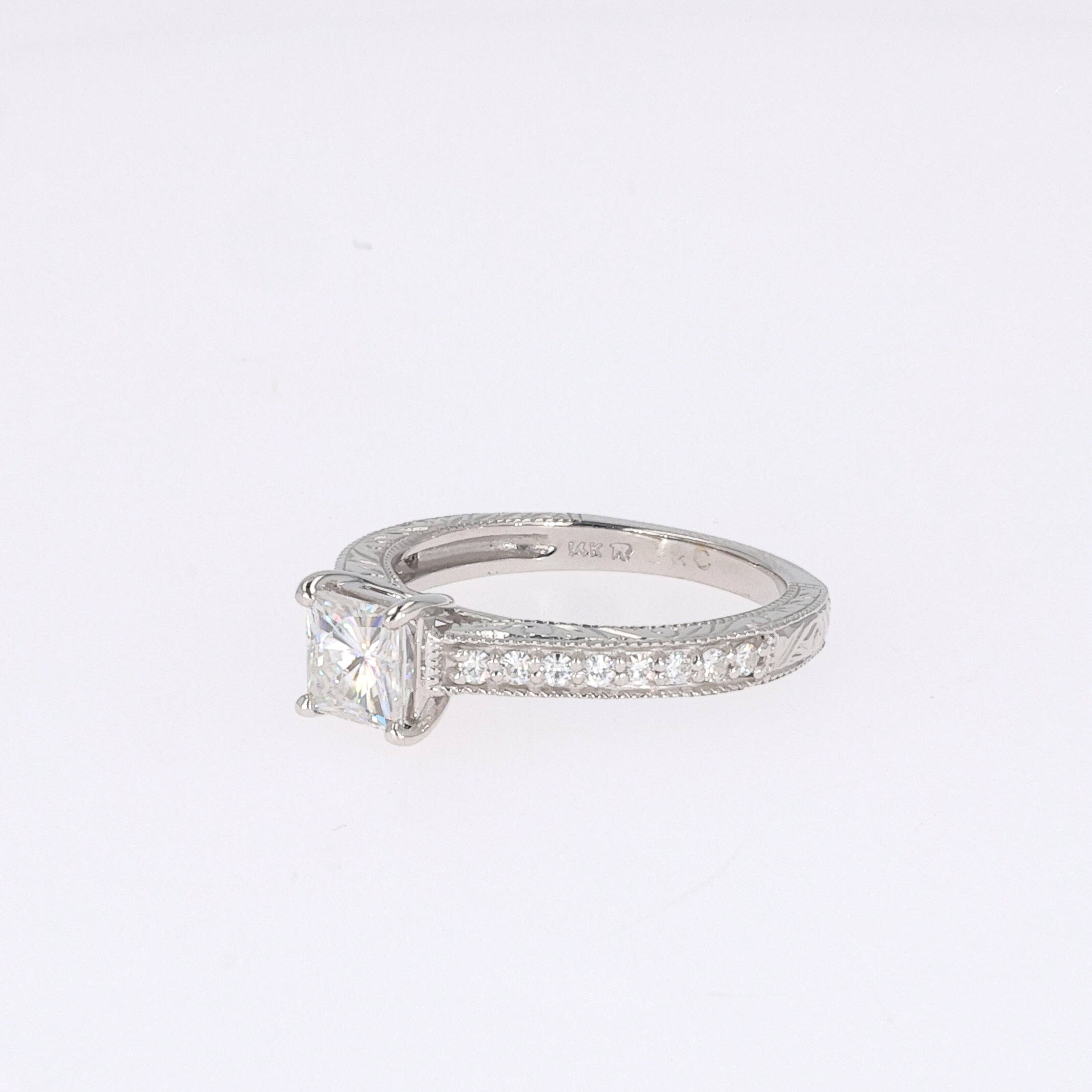 1.94 CTW DEW Square Near-Colorless Moissanite Side-Stone Ring in 14K White Gold