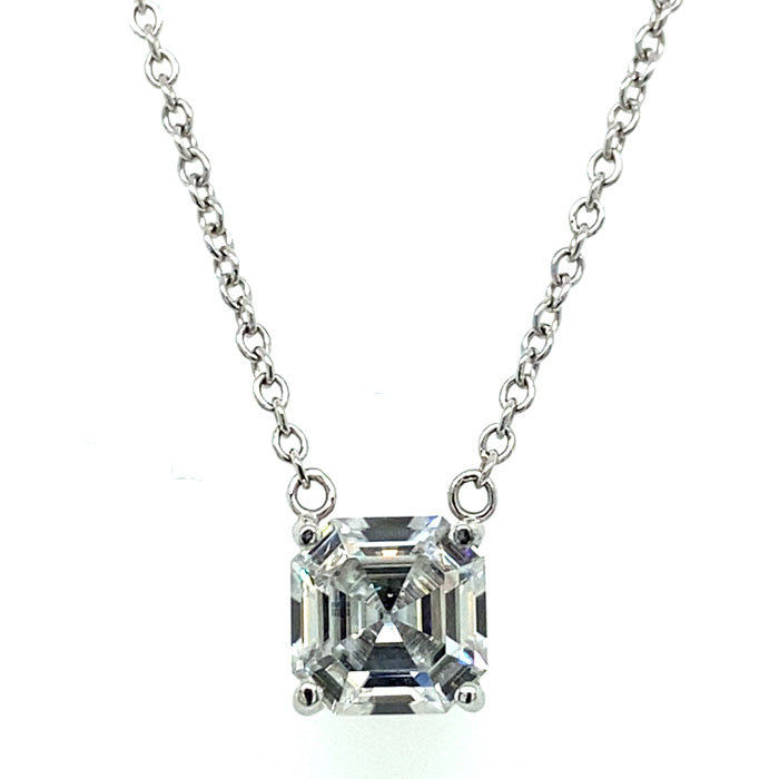 2.21 CTW DEW Asscher Near-Colorless Moissanite Solitaire Pendant in 14K White Gold