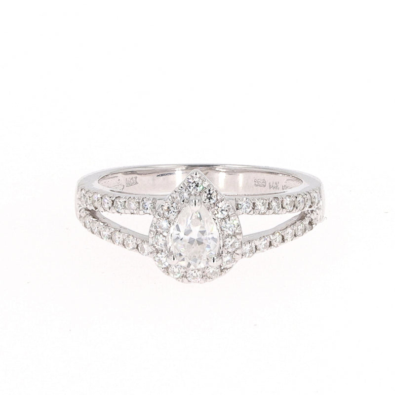 0.96 CTW DEW Pear Near-Colorless Moissanite Accented Split Shank Halo Engagement Ring in 14K White Gold