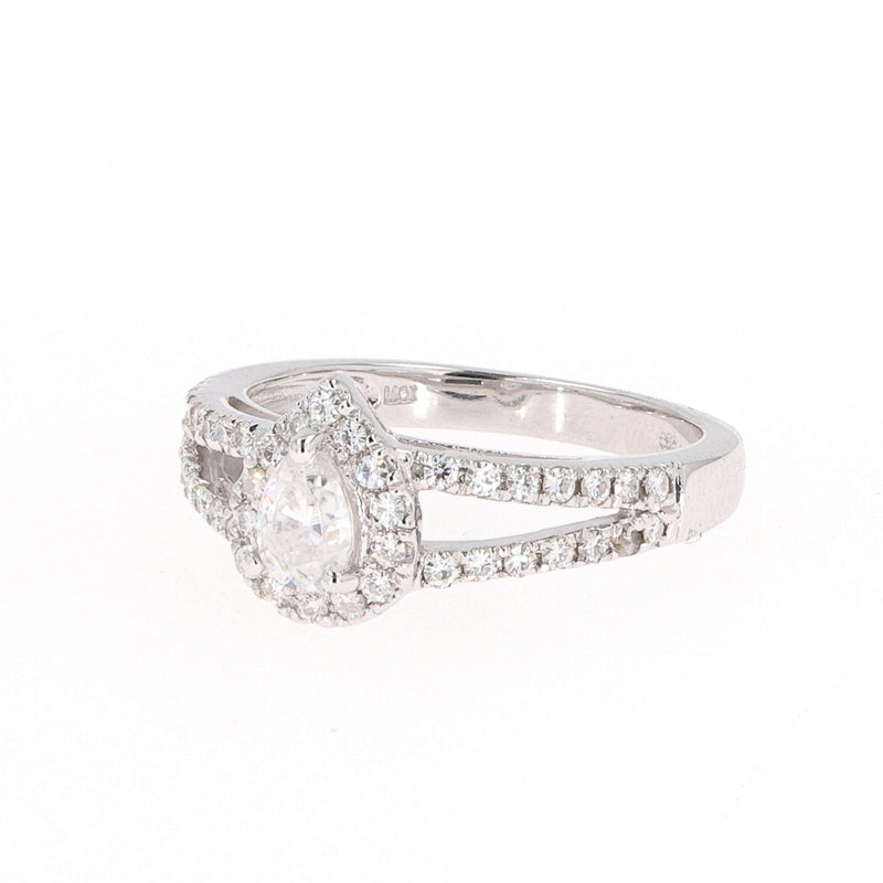 0.96 CTW DEW Pear Near-Colorless Moissanite Accented Split Shank Halo Engagement Ring in 14K White Gold