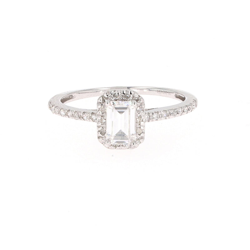 0.73 CTW DEW Emerald Near-Colorless Moissanite Accented Halo Engagement Ring in 14K White Gold
