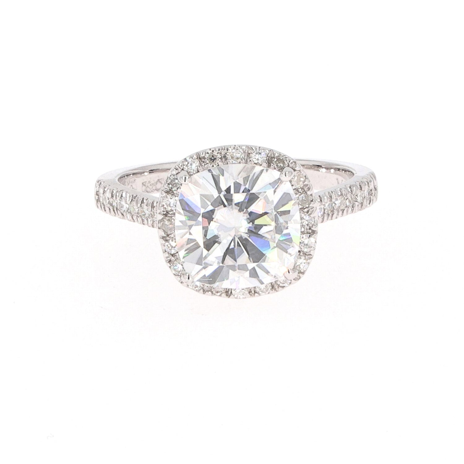 3.66 CTW DEW Cushion Near-Colorless Moissanite Halo Engagement Ring in 14K White Gold