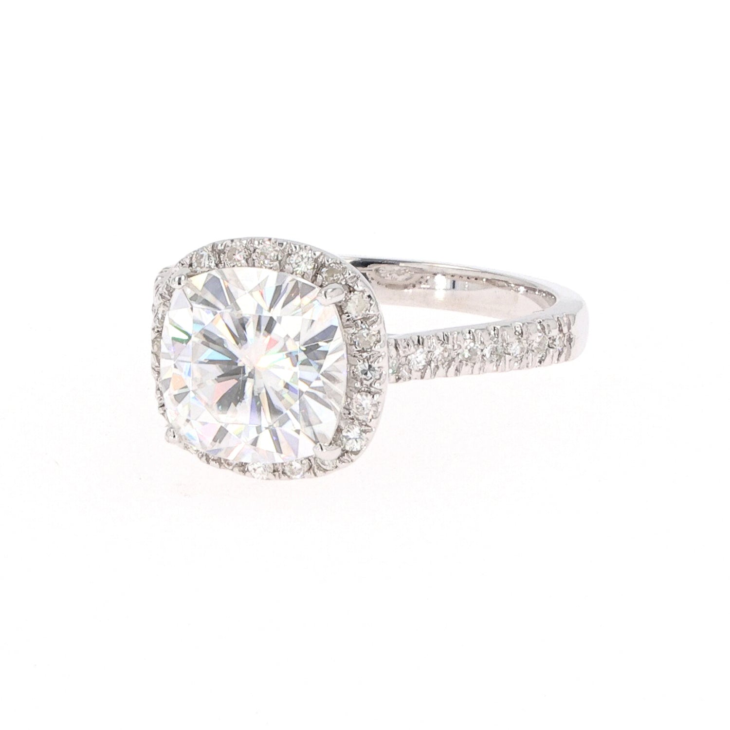 3.66 CTW DEW Cushion Near-Colorless Moissanite Halo Engagement Ring in 14K White Gold