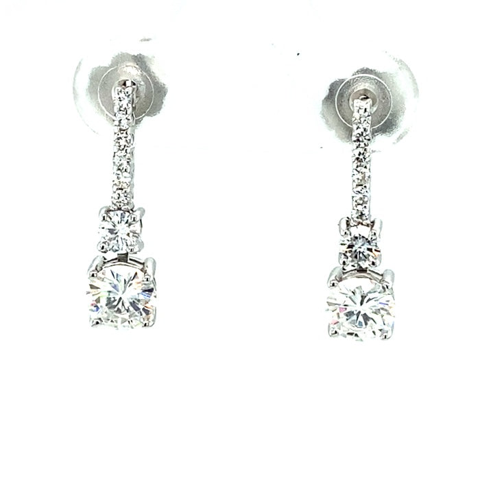 1.32 CTW DEW Round Near-Colorless Moissanite Two-Stone Drop Earrings in 14K White Gold