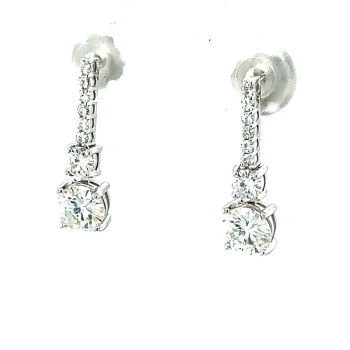 1.32 CTW DEW Round Near-Colorless Moissanite Two-Stone Drop Earrings in 14K White Gold