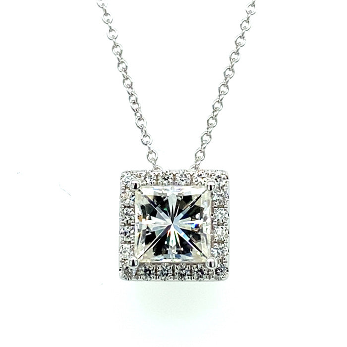 1.90 CTW DEW Square Near-Colorless Moissanite Halo Pendant in 14K White Gold