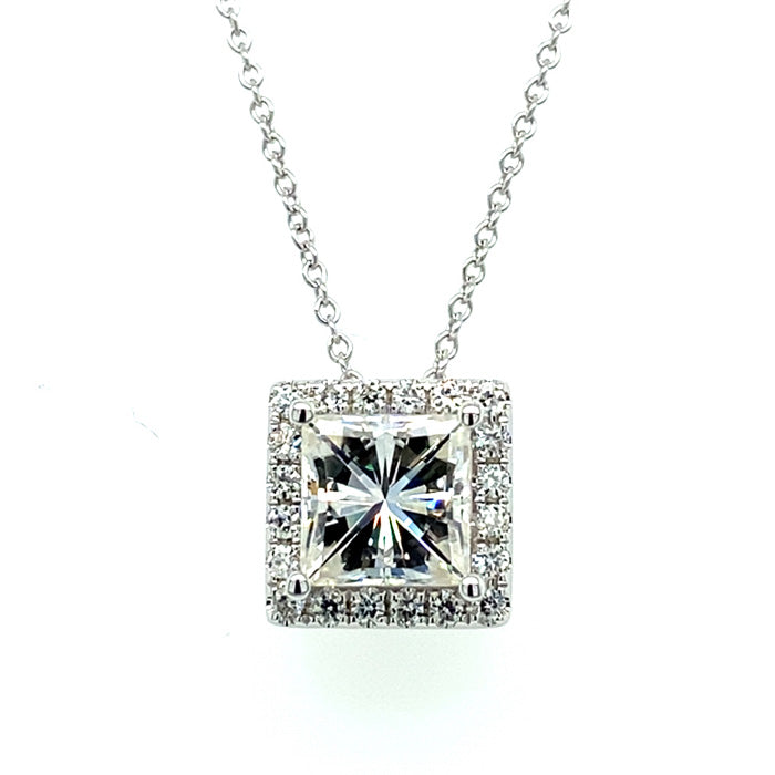 1.90 CTW DEW Square Near-Colorless Moissanite Halo Pendant in 14K White Gold