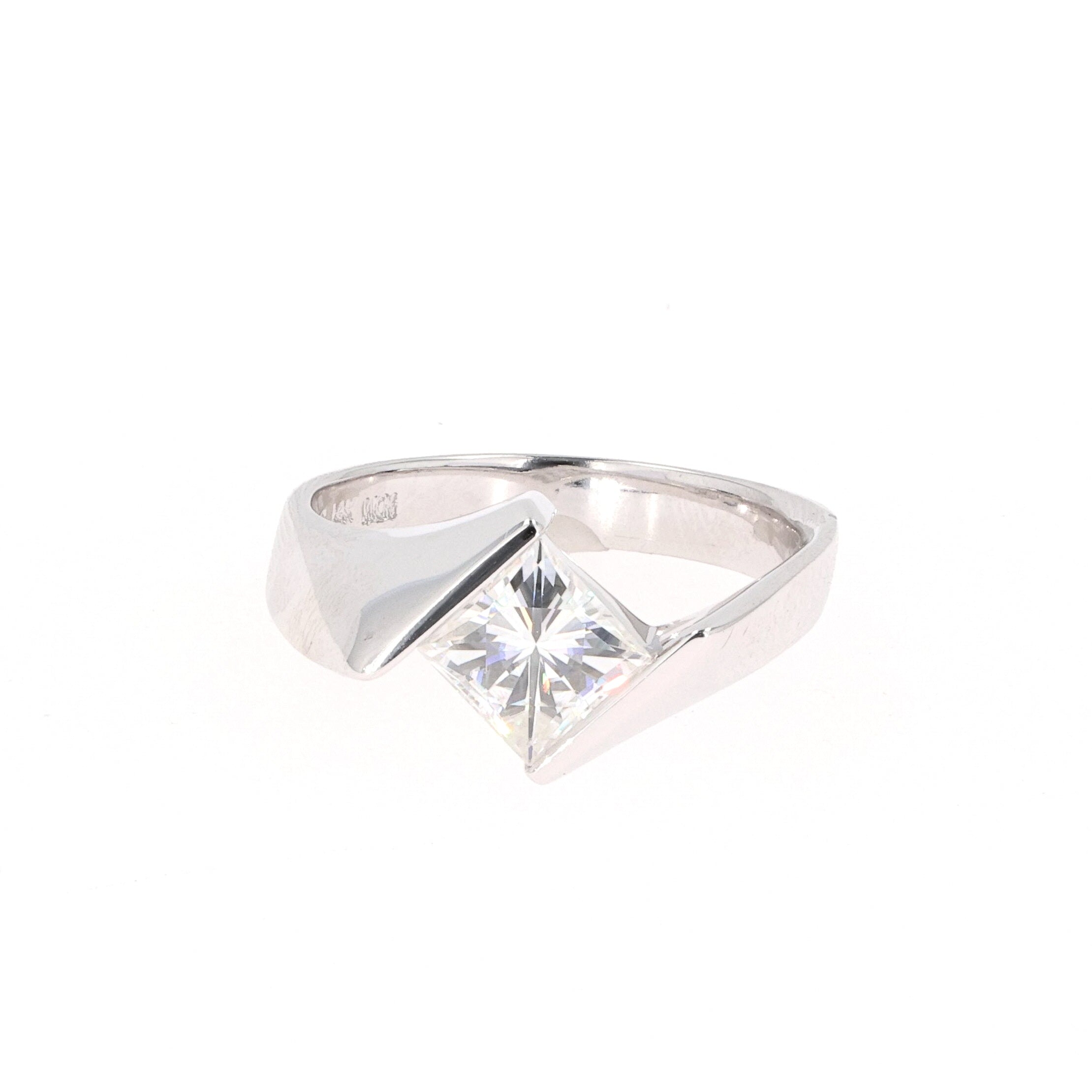 1.70 CTW DEW Square Near-Colorless Moissanite Channel-Set Bypass Solitaire Engagement Ring in 14K White Gold