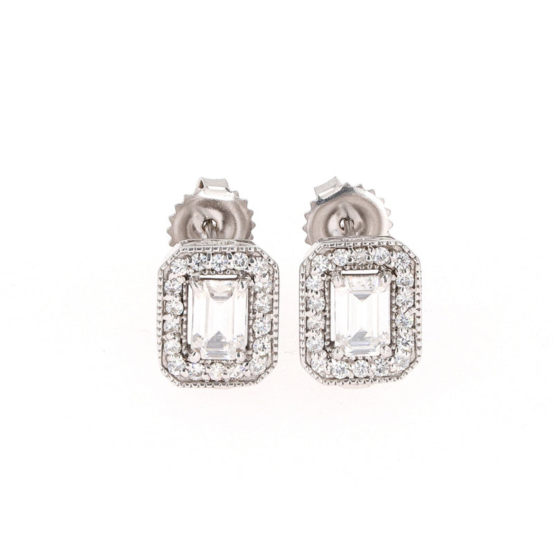 1.52 CTW DEW Emerald Near-Colorless Moissanite Halo Earrings in 14K White Gold